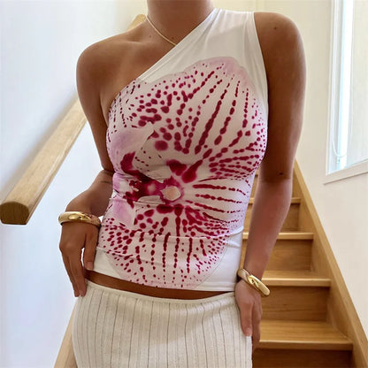 Camiseta sin mangas de un solo hombro para mujer, con estampado floral, sin mangas, sin espalda, corta, ropa estética Y2K, ropa urbana