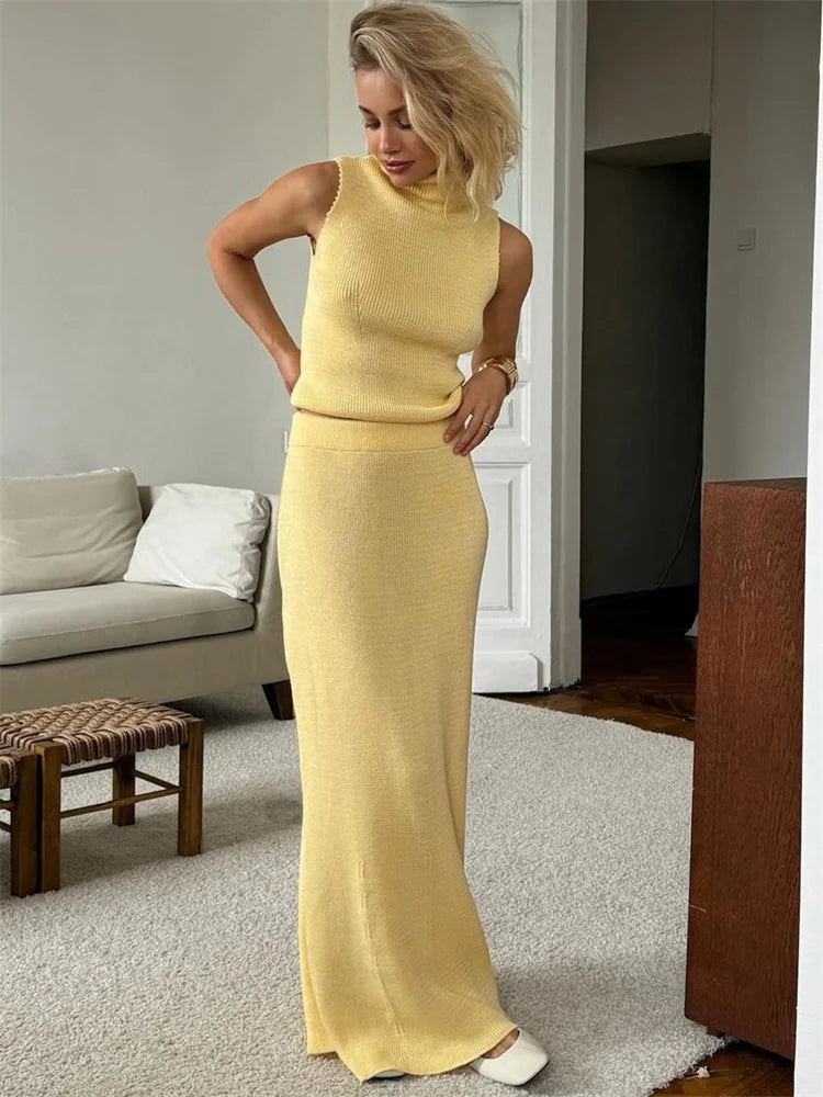 Elegant Knitwear 2 Piece-Set Long Dress Female Ribbed Sweater Pullover And Loose Patchwork Maxi Skirt Sets Ladies Outfits