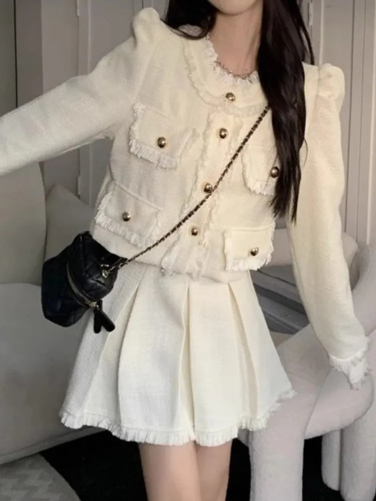 Korean Fashion Women Solid Tweed Skirts Suit Elegant Chic Jackets Coat Mini Pleated Skirts Two Pieces Set Female Clothes Outfits