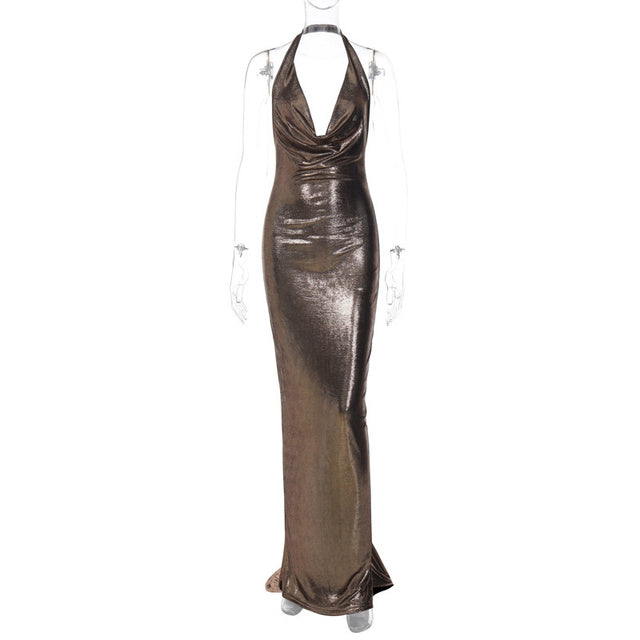Vestido largo con cuello en V profundo y espalda descubierta para mujer, sin mangas, con cola de pez, elegante y sexy, para fiesta