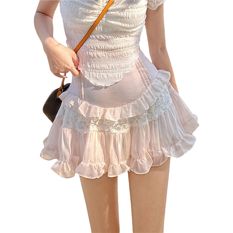 Kawaii Skirts Women Sweet Lolita Lace Patchwork High Waist Ruffle Hem A Line Pleated Skirts y2k Grunge Skirt Streetwear