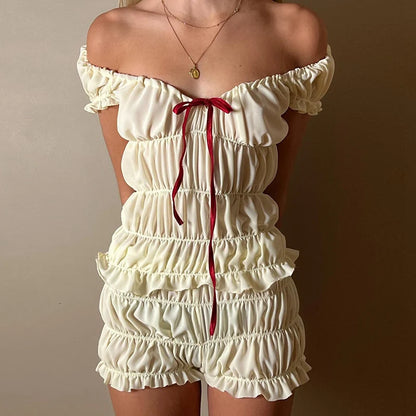 Conjunto retro de 2 piezas de los años 2000, estilo cottage lounge, camiseta vintage fruncida con hombros descubiertos, top corto y pantalones cortos, pijamas kawaii, conjuntos Y2K para mujer