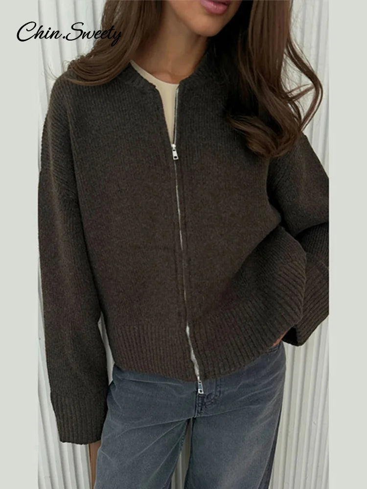 Cárdigan de punto con cuello redondo y cremallera para otoño e invierno, suéter liso holgado de manga larga para mujer, prenda de punto a juego para mujer.