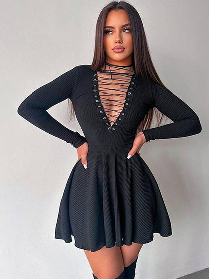 Artist 2025 Autumn/Winter Women New Sexy Deep V-neck Long Sleeved Dress Hollow Lace Up Waist Wrap Elegant Party Evening Dress
