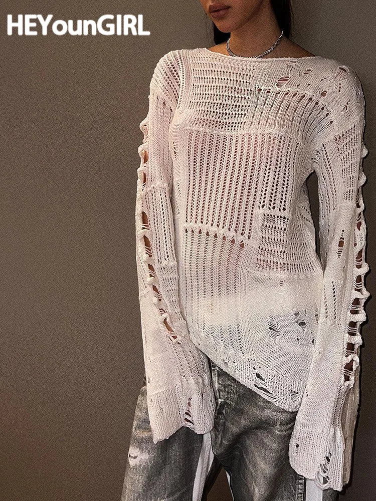 Ripped Women Full Length Pullovers Knitting Loose Casual Beggar Style Hollow Out Lady T-shirt Harajuku Streetwear Y2K