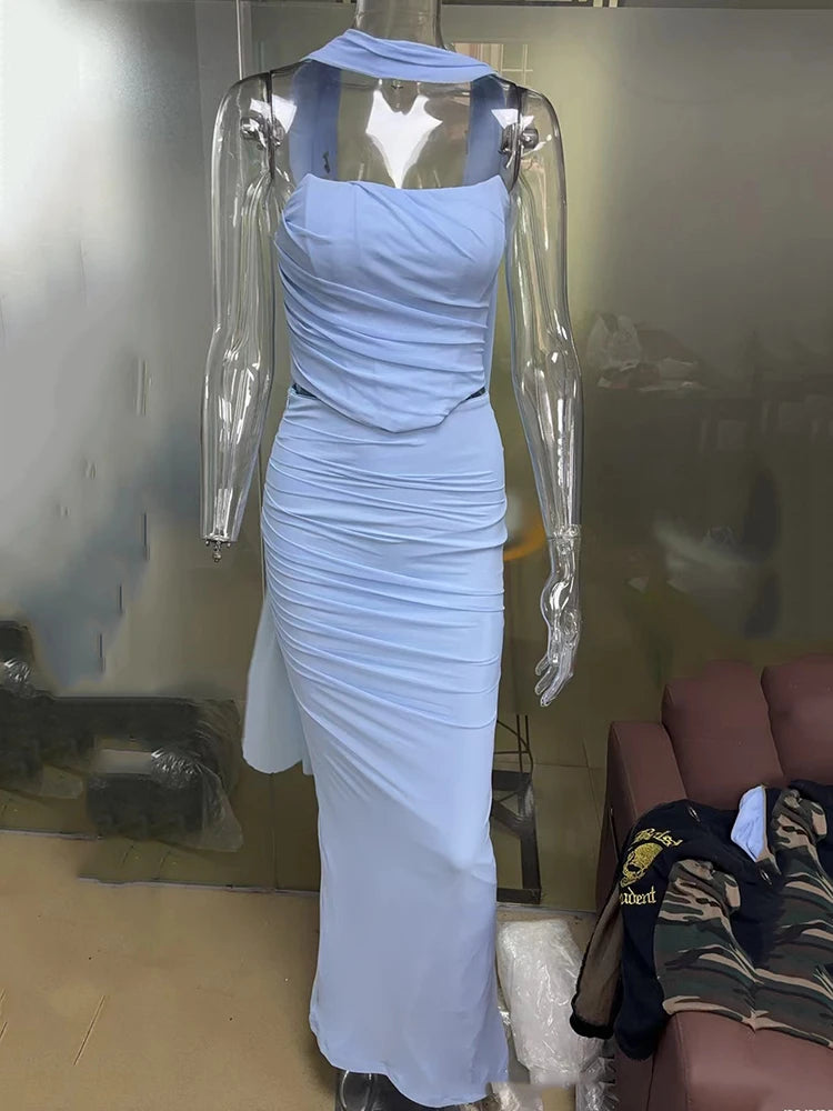 Conjuntos sexys de dos piezas para mujer, top corto sin tirantes con pañuelo y falda larga, conjuntos de falda sexy para fiesta en club, conjuntos de dos piezas