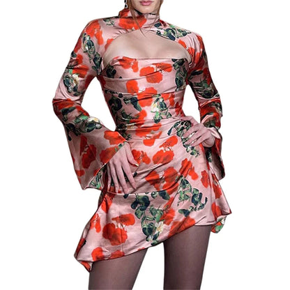 y2k Women Corset Dress Floral Flared Sleeve A Line Dresses Sexy Ladies Hollow Out Party Mini Dress Spring Summer Outfit