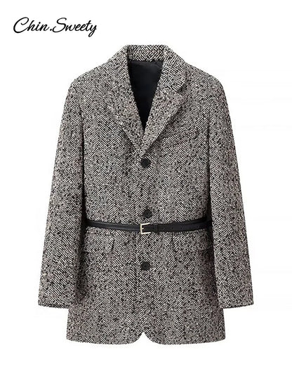 Chaqueta de invierno con cinturón para mujer, chaqueta holgada de mezcla de lana y tweed con solapa, cálida, elegante, para desplazamientos diarios