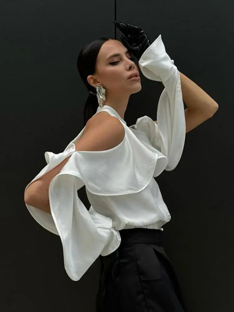 Elegant White Ruffle Halter Shirts Women Vintage Loose Hollow Out Single Breasted Blouses Female Autumn Chic High Street Tops