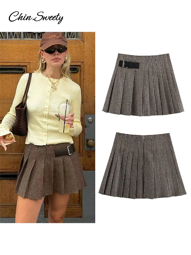 Fashion Blazers Women 2 Pieces Mini Skirt Sets Plaid Long Sleeve O-neck Top Pleat A-line Skirts 2025 Two Piece Set Female Outfit