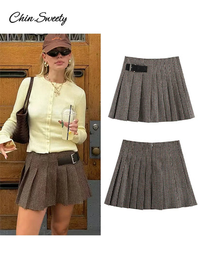 Fashion Blazers Women 2 Pieces Mini Skirt Sets Plaid Long Sleeve O-neck Top Pleat A-line Skirts 2025 Two Piece Set Female Outfit