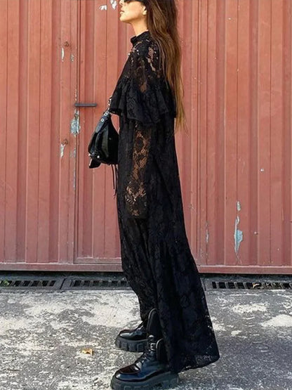 Vestidos largos sexis de encaje calado con forro tipo A para mujer, estilo vintage, holgados, con perspectiva y cuello redondo, negros, elegantes y chic para fiestas callejeras.