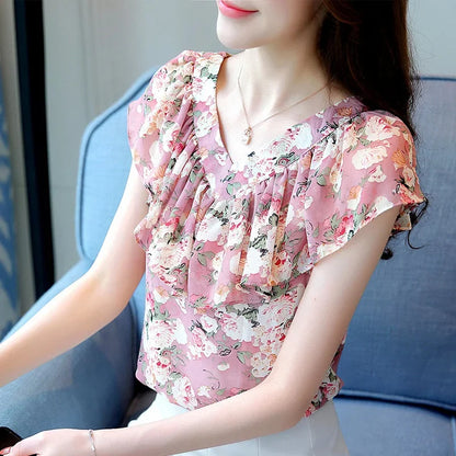 Blusas de gasa de estilo veraniego para mujer, camisas informales con mangas cortas con volantes y cuello en V, blusas con estampado de flores