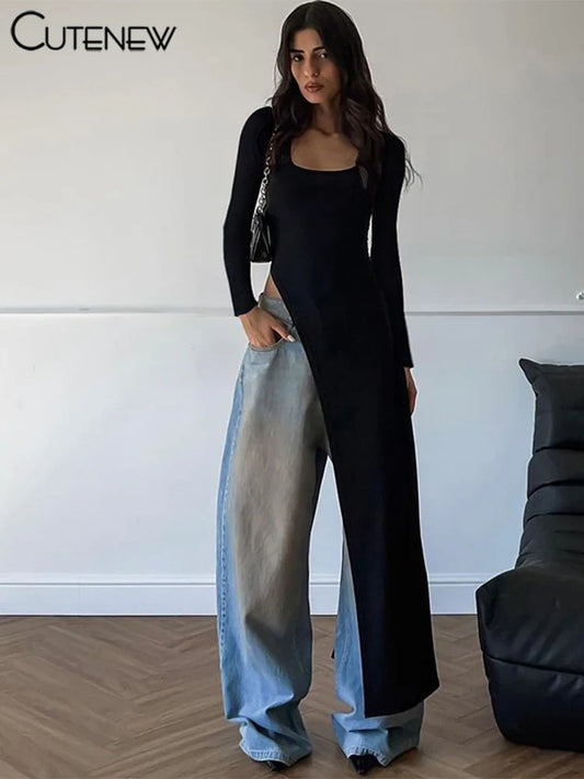 Solid Super Long Tops Women Casual Fashion Full Sleeve Square Neck Splited Skinny Tees Solid Concise Female Classic Wear