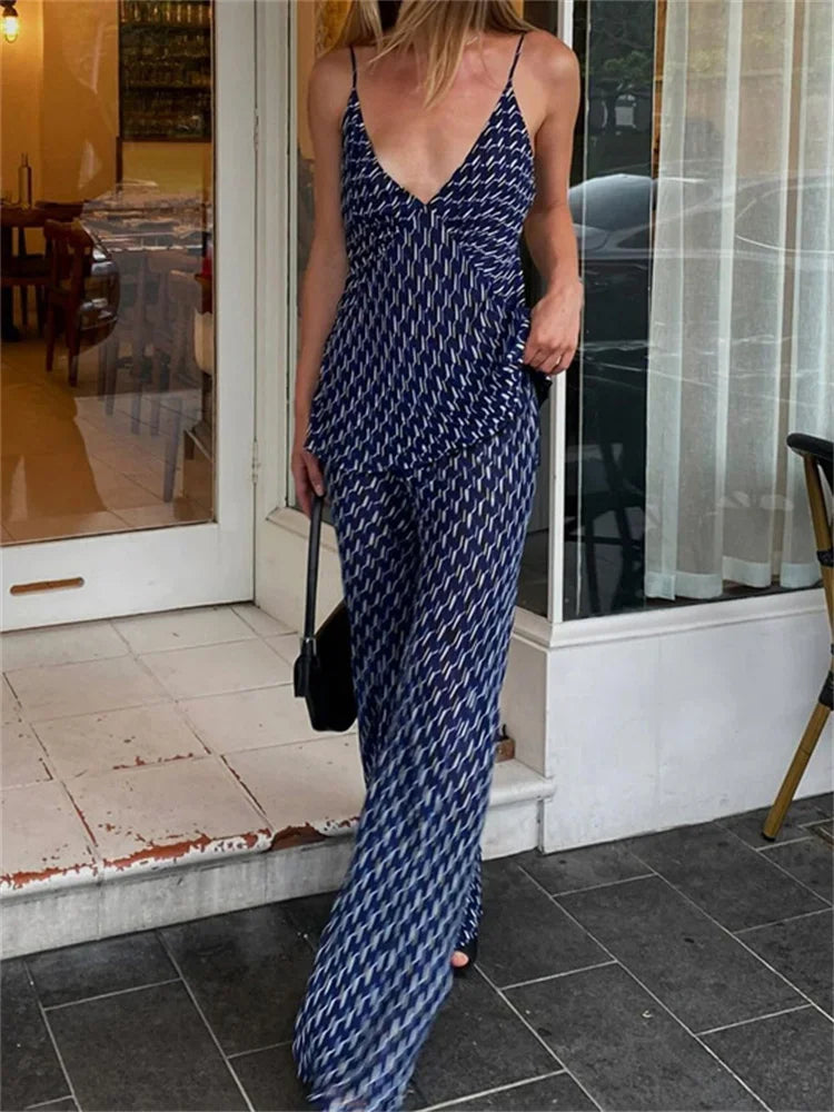 Conjunto de dos piezas con pantalones estampados de moda para mujer, jersey ajustado con cuello en V en contraste y pantalones de pierna ancha, ropa informal.