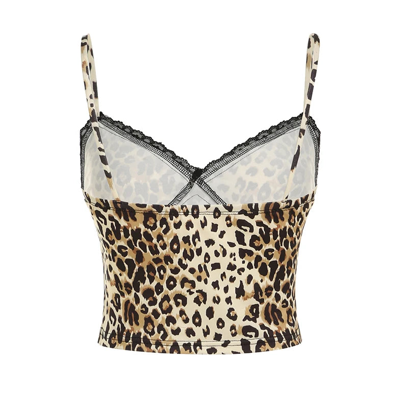 Sexy Retro Y2k Leopard Lace Trim Camisole Women Sleeveless V-Neck Gyaru Tops HotSweet Slim Fit