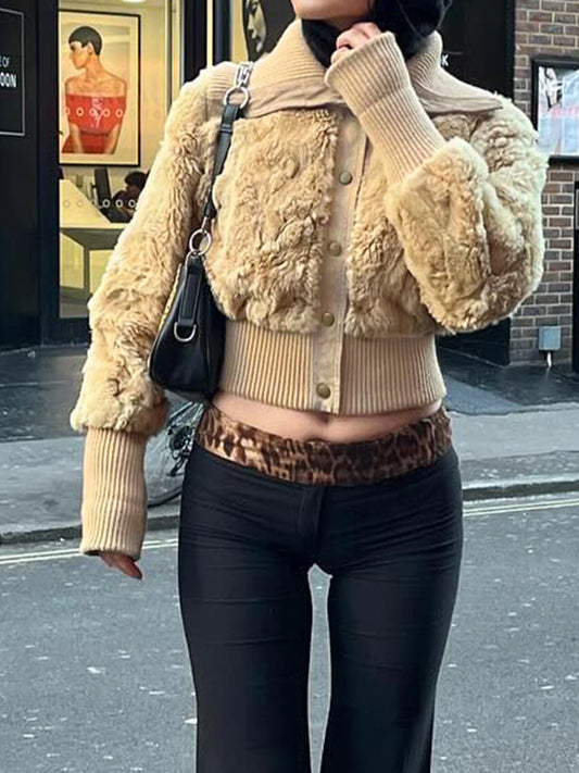 Chaqueta lisa y esponjosa con cuello vuelto para mujer, otoño e invierno, nueva, abrigo corto ajustado con botones, moda retro