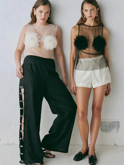 Sexy Mesh Hollow Out Vests Women Vintage 3D Flowers Sleeveless Solid Smock Vest Top Female Spring Elegant Chic Street Tops