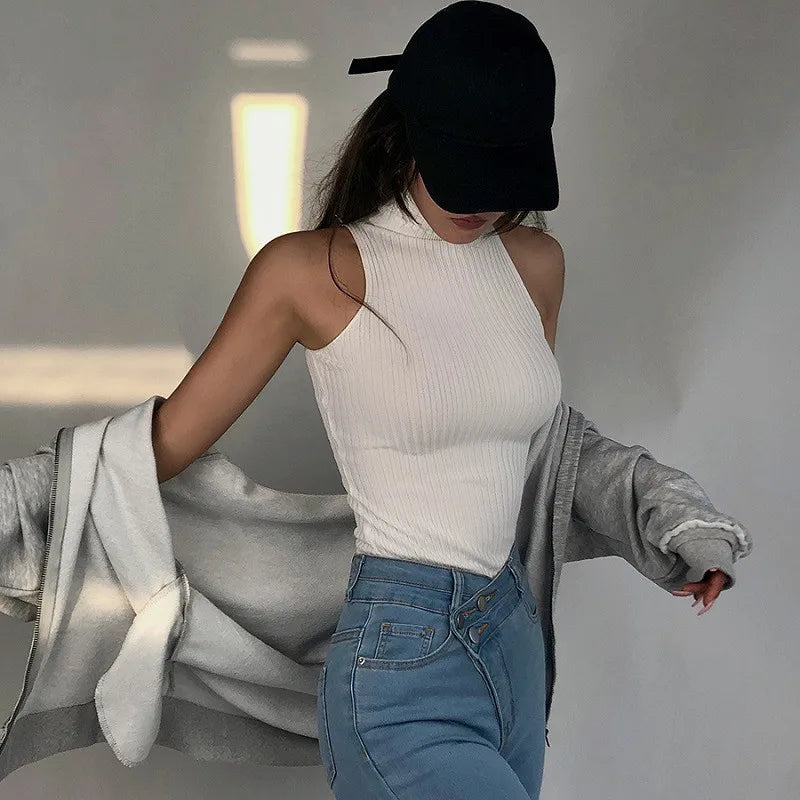 Chaleco de verano de cuello alto para mujer, sin mangas, de color sólido, de punto acanalado, ajustado, camisetas sin mangas Y2K, ropa básica para discoteca para mujer