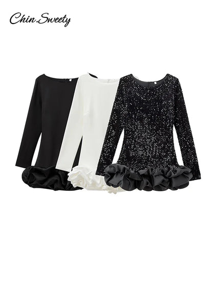 Vestido corto sexy con lentejuelas Y2K y volantes para mujer, elegante, sin espalda, cuello redondo, manga larga, negro, ajustado, para fiesta de otoño
