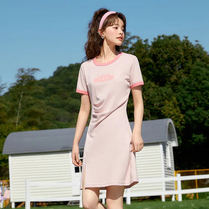 Dress Women Slit to Show Long Legs and Slim Fit  Summer New Contrasted Color Retro Letter Knitted Dress