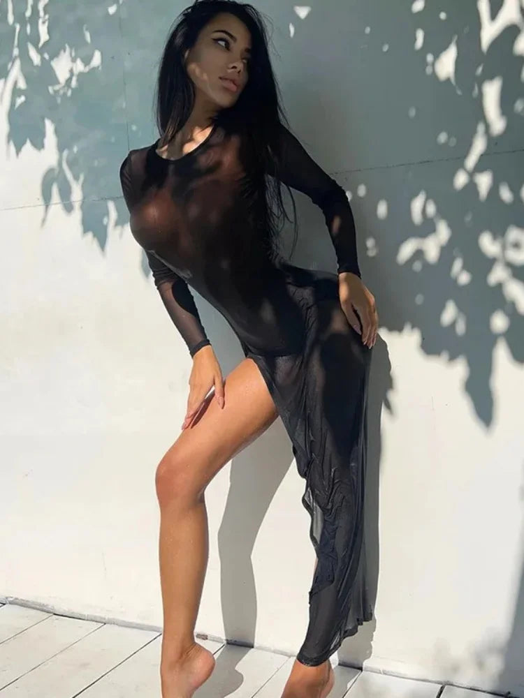 Mesh Sexy Dress For Women High Waist Black Beach Dress See Through Cover Up Long Sleeve Vestidos De Mujer Gauze Y2k Clothes Slit