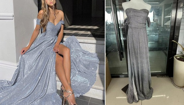 Vestido de fiesta sexy de cintura alta sin espalda con abertura y lentejuelas azules, largo, formal, de noche, elegante, para mujer
