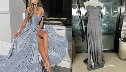 Vestido de fiesta sexy de cintura alta sin espalda con abertura y lentejuelas azules, largo, formal, de noche, elegante, para mujer