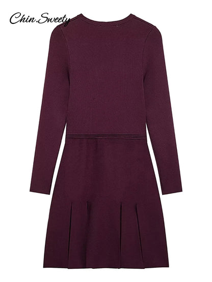 Knit Burgundy Red A-line Mini Dress Women O-neck Long Sleeves Pleat Party Dresses Female 2025 Spring New Pockets Button Vestidos