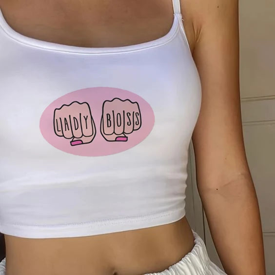 Camiseta básica americana de cuello redondo con estampado de letras, de punto, de manga corta, estilo Spice Girls, top corto ajustado de verano