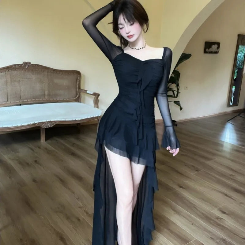 Vestido de fiesta de noche irregular Y2K de malla de manga larga con cuello cuadrado y volantes, corte en A, sexy, moda coreana