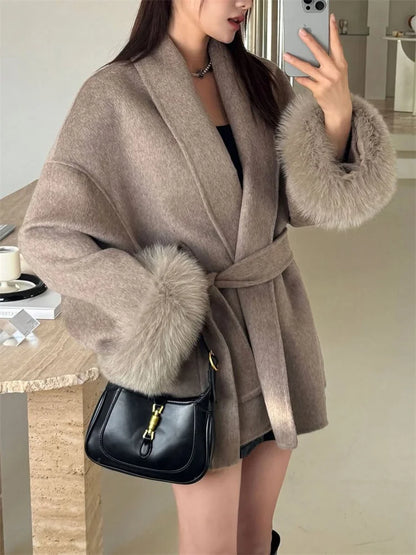 Abrigo de lana de piel de zorro para mujer, abrigo corto de oficina, elegante abrigo de lana de doble cara, chaquetas tipo cárdigan nuevas de 2025, holgadas
