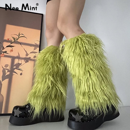 Calentadores de piernas de piel sintética de lujo para mujer, coloridos y lisos, estilo Gogo Fluffies Y2K, para chicas, estilo ciber hip hop, cubrebotas