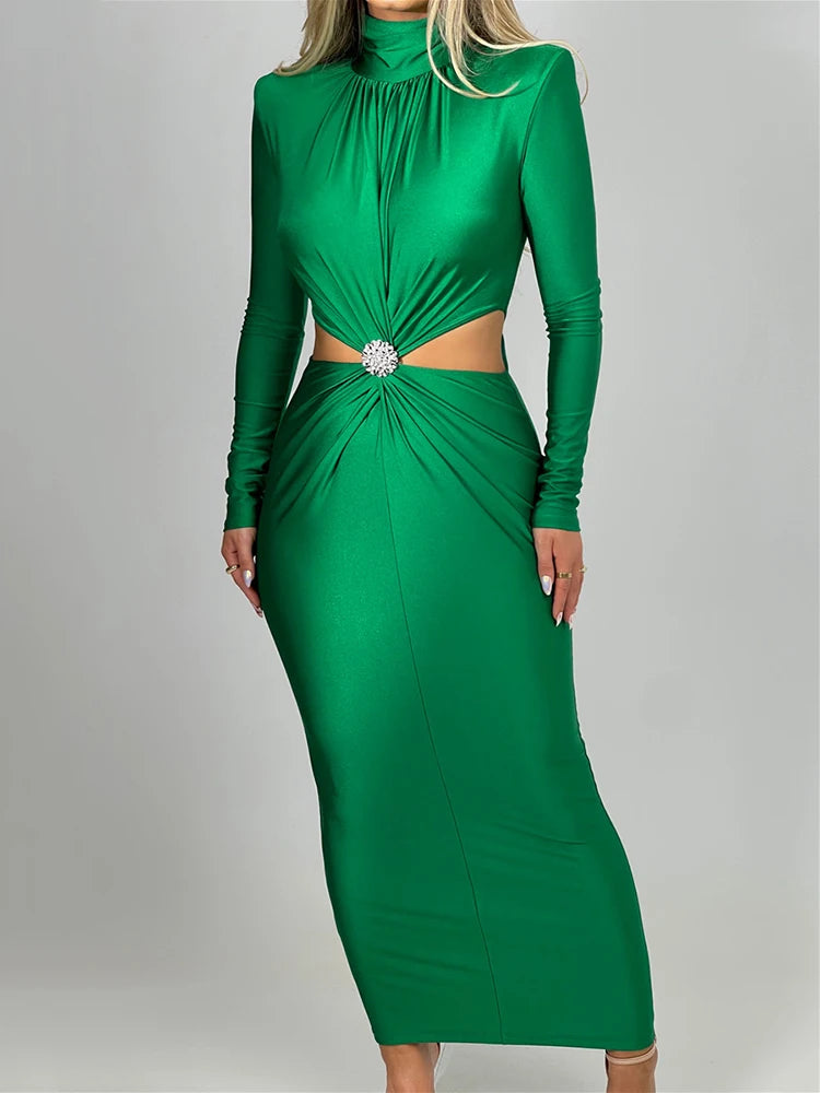 Elegante vestido largo sexy con aberturas para mujer, otoño e invierno, nuevo vestido ajustado de cuello alto y manga larga para fiesta y noche.