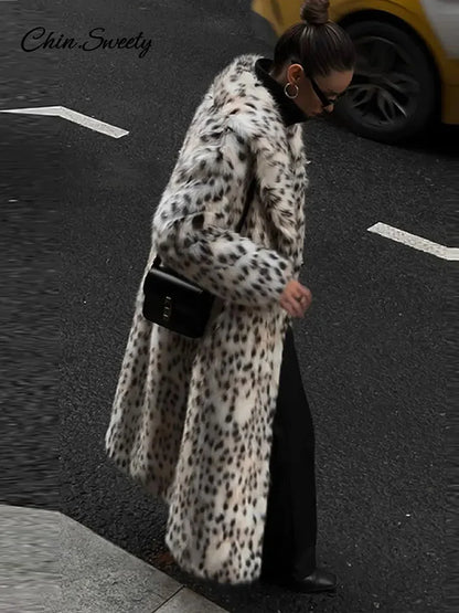 Abrigo largo de piel sintética con solapa y estampado de animales para mujer, abrigo holgado de manga larga con bolsillo, abrigos de otoño e invierno, prendas de vestir cálidas y gruesas para la calle.