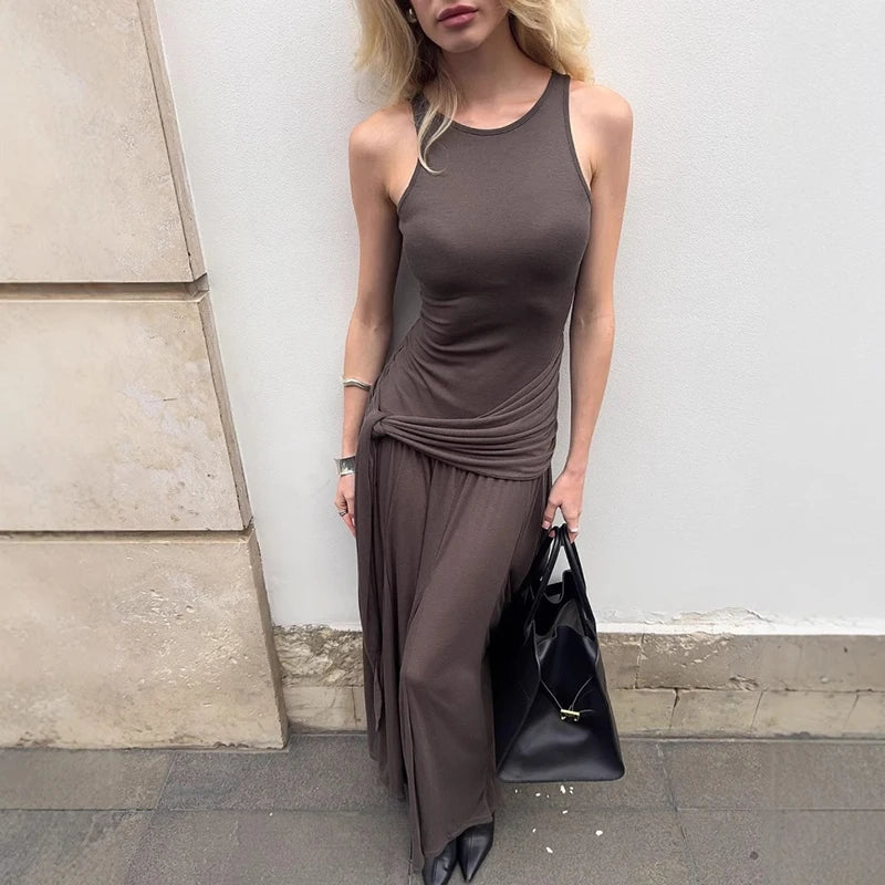 Vestido ajustado con volantes y cinta de moda para mujer, sin mangas, estilo urbano, largo, liso, para otoño, para fiesta en club