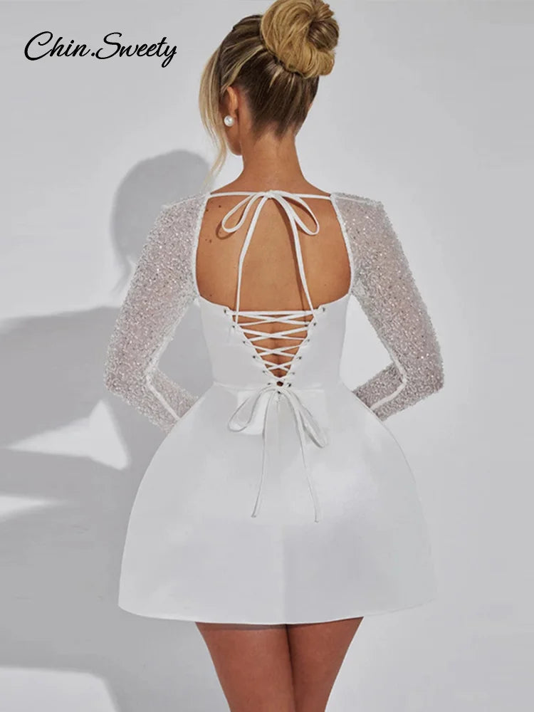 Elegant White A-Line Square Collar Short Dress Women Sexy Lace Satin Patchwork Long Sleeve Dresses New Party Club Outfits 2025