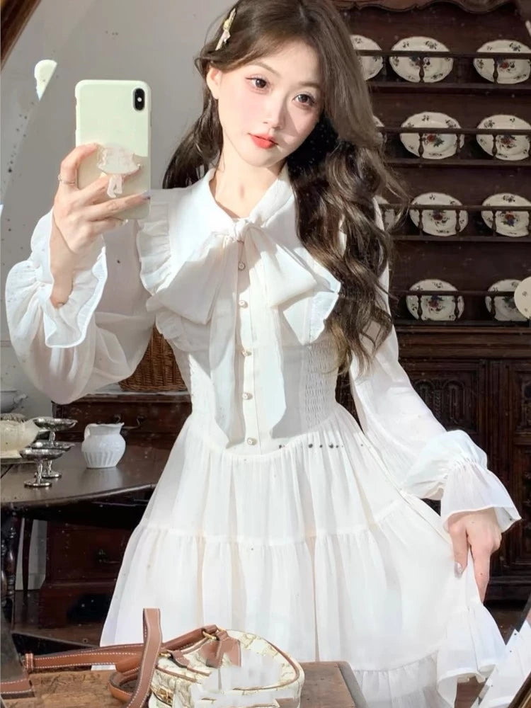 Elegante vestido corto de gasa para mujer, con mangas acampanadas y volantes, corte A, para fiesta de cumpleaños, moda coreana, vestido de una pieza, nuevo