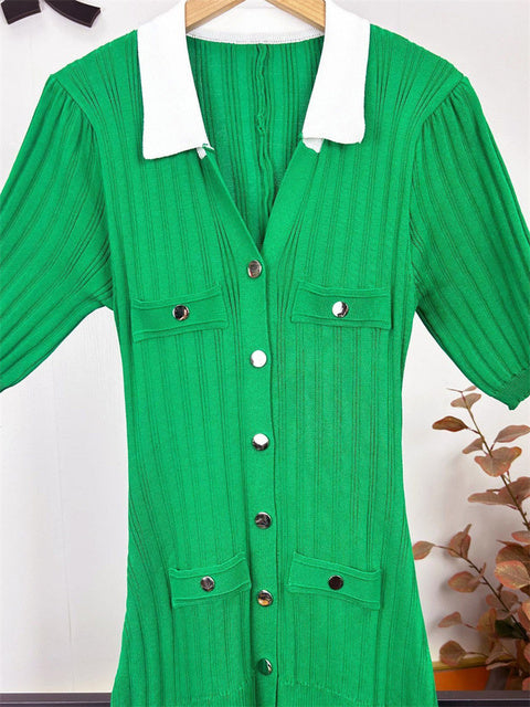 Vestido largo de punto con escote en V y contraste para mujer, con solapas ahuecadas, cintura alta, elegante, para fiesta, de punto, maxivestido para mujer