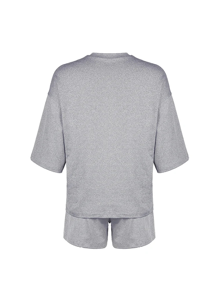 Conjunto de 2 piezas de camiseta y pantalones cortos informales, holgados, básicos, de media manga, color gris liso, con cuello redondo, para mujer, ropa de hogar informal