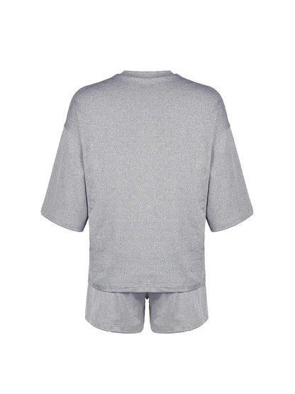 Conjunto de 2 piezas de camiseta y pantalones cortos informales, holgados, básicos, de media manga, color gris liso, con cuello redondo, para mujer, ropa de hogar informal