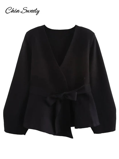 Vintage Lace Up Knit V-neck Jacket Women Solid Full Sleeve Loose Cardigan Top New 2025 Spring Elegant Lady High Street Outwear