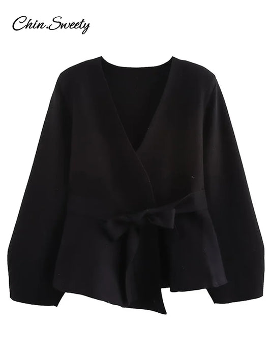 Vintage Lace Up Knit V-neck Jacket Women Solid Full Sleeve Loose Cardigan Top New 2025 Spring Elegant Lady High Street Outwear