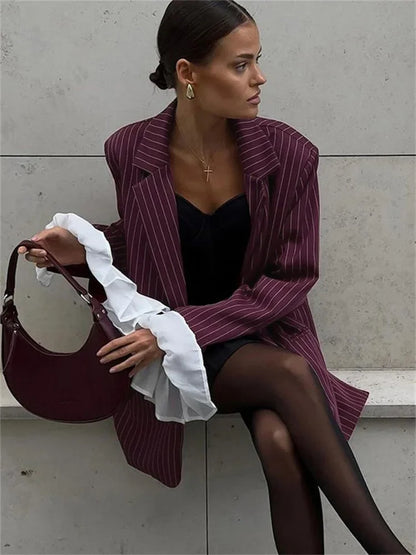 Lace Striped Suit Outwear For Women Patchwork Long Sleeve Lapel Fashion Commute Pocket Coat Ruffled Female Loose Blazer