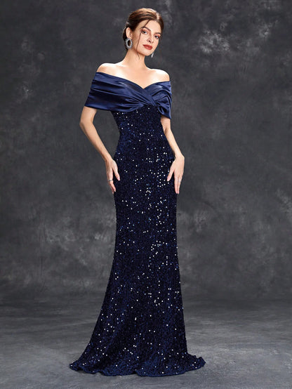Vestido de noche con escote en V, plisado, con lentejuelas y cola de pez de terciopelo, vestido de baile, vestido de fiesta, vestido de dama de honor