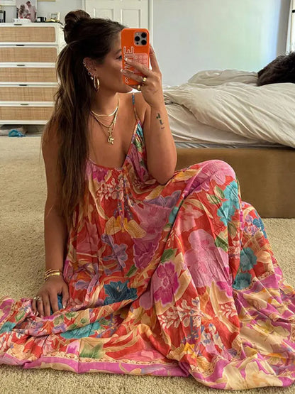 Loose Printed V-neck Sling Dresses Women Retro Printing Sleeveless Backless Long Dress Female Spring Chic Street Beach Holiday