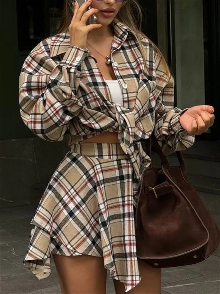 Vintage Contrast 2 Piece-Set Skirt For Women Long Sleeve Slim Patchwork Coat And High Waist Skirt Outfits Ladies Clothes