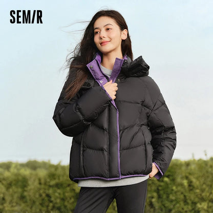 Chaqueta de plumas para mujer, suelta, con colores contrastantes, nueva chaqueta acolchada con capucha de invierno, personalidad moderna y de moda.