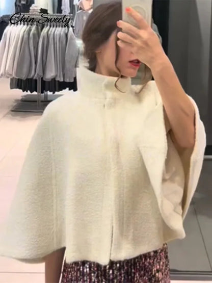 White Loose Short Cape Coat Women Autumn Winter Thick Single Buckle Batwing Sleeve Cloaks Jacket Lady Elegant Warm Outwear New