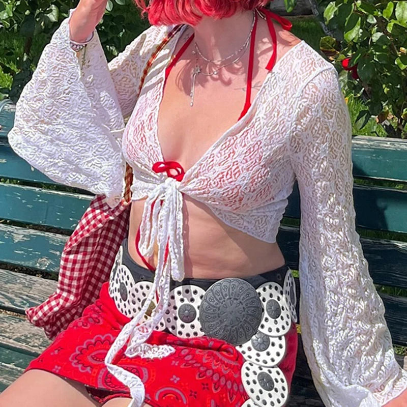 Cárdigan con mangas acampanadas y protector solar para mujer, moda Y2K, cuello en V, top corto, ropa de calle, camiseta blanca de punto con cordones